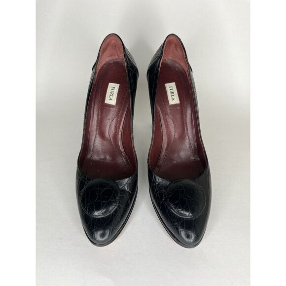 Furla Black Leather Croc Embossed Platform High Heels Women Sz 40EU/9.5M US - Picture 2 of 13